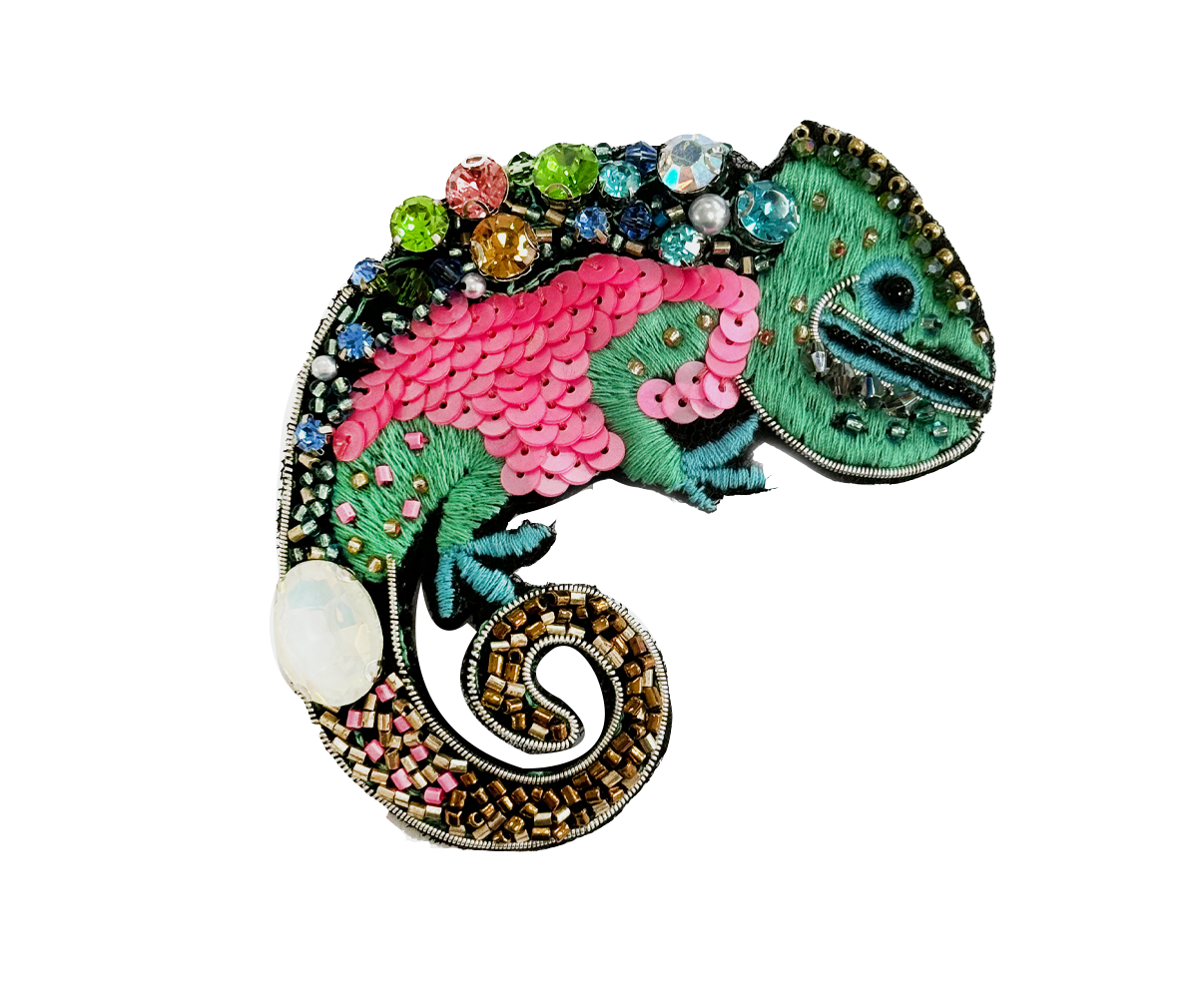 Brooch Hand Emblished with beads and stones  Pop Art Multi Color Chameleon Brooch