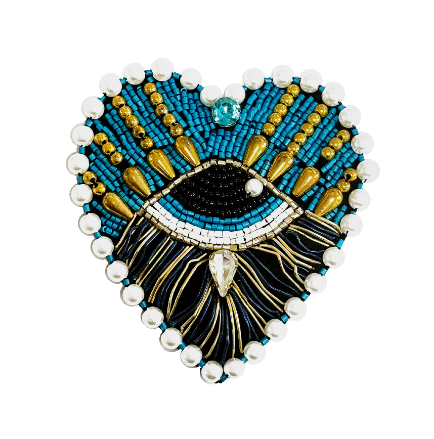 Brooch Hand Emblished with beads and stones Pop Art Turquoise Heart Eye