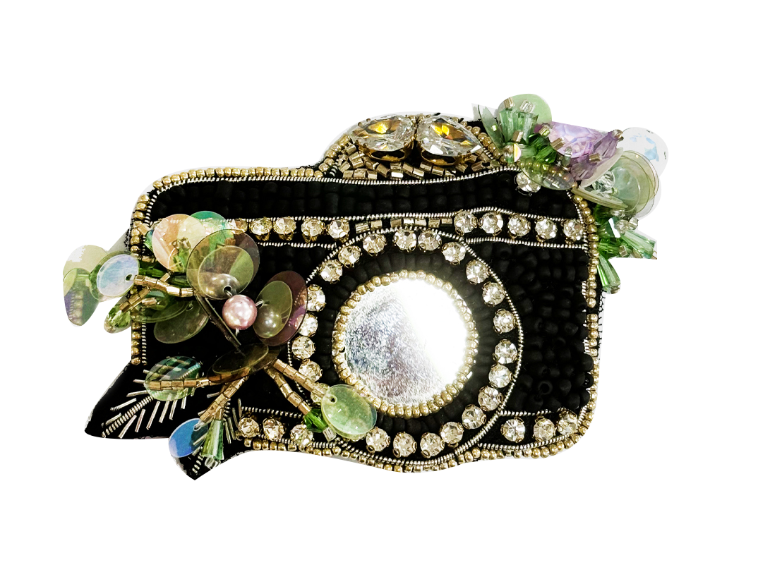 Brooch Hand Emblished with beads and stones Pop Art Black Silver Camera