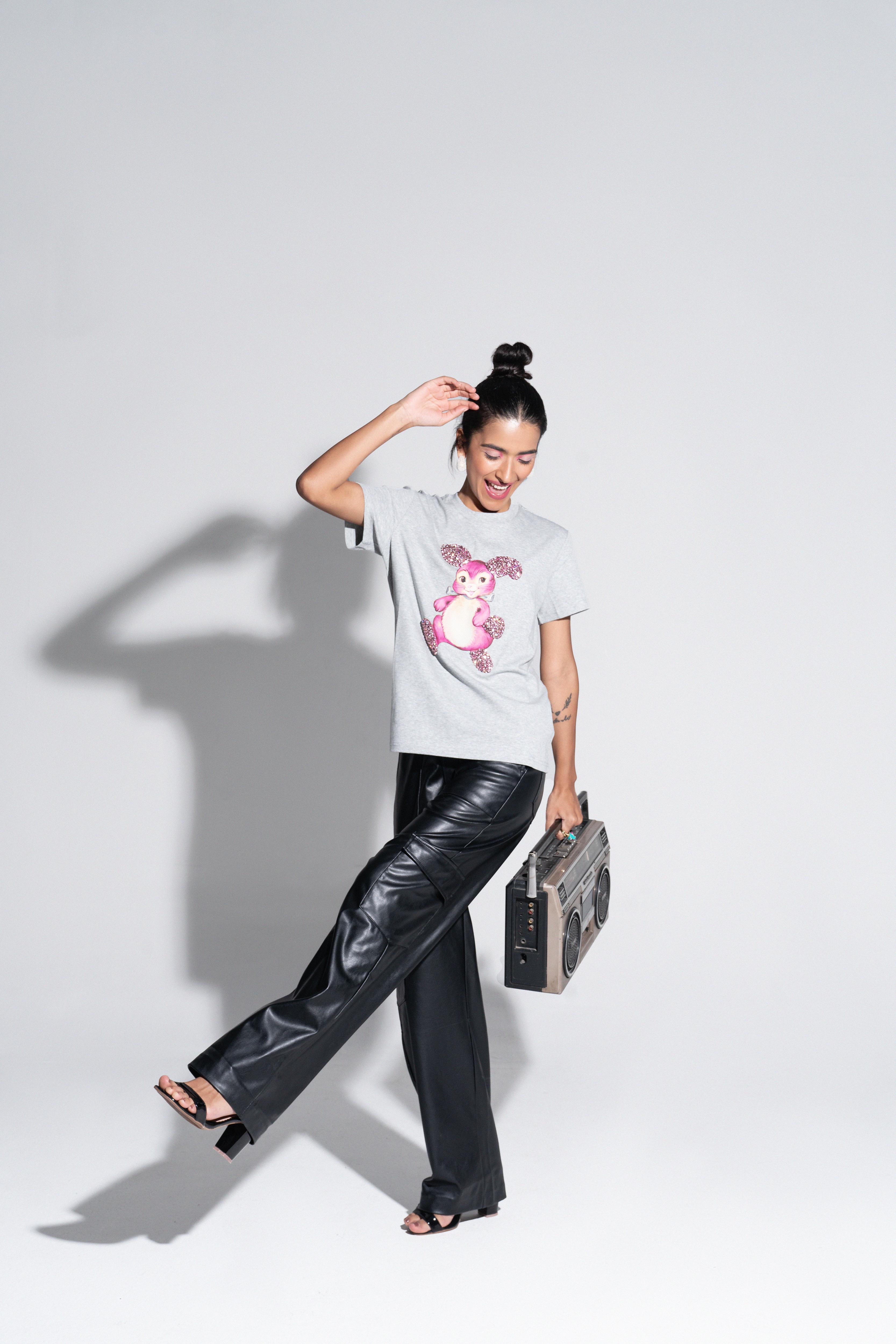 Sahi London Bunny Graphic Embroidered Women’s Cotton T-Shirt - Gray - Large