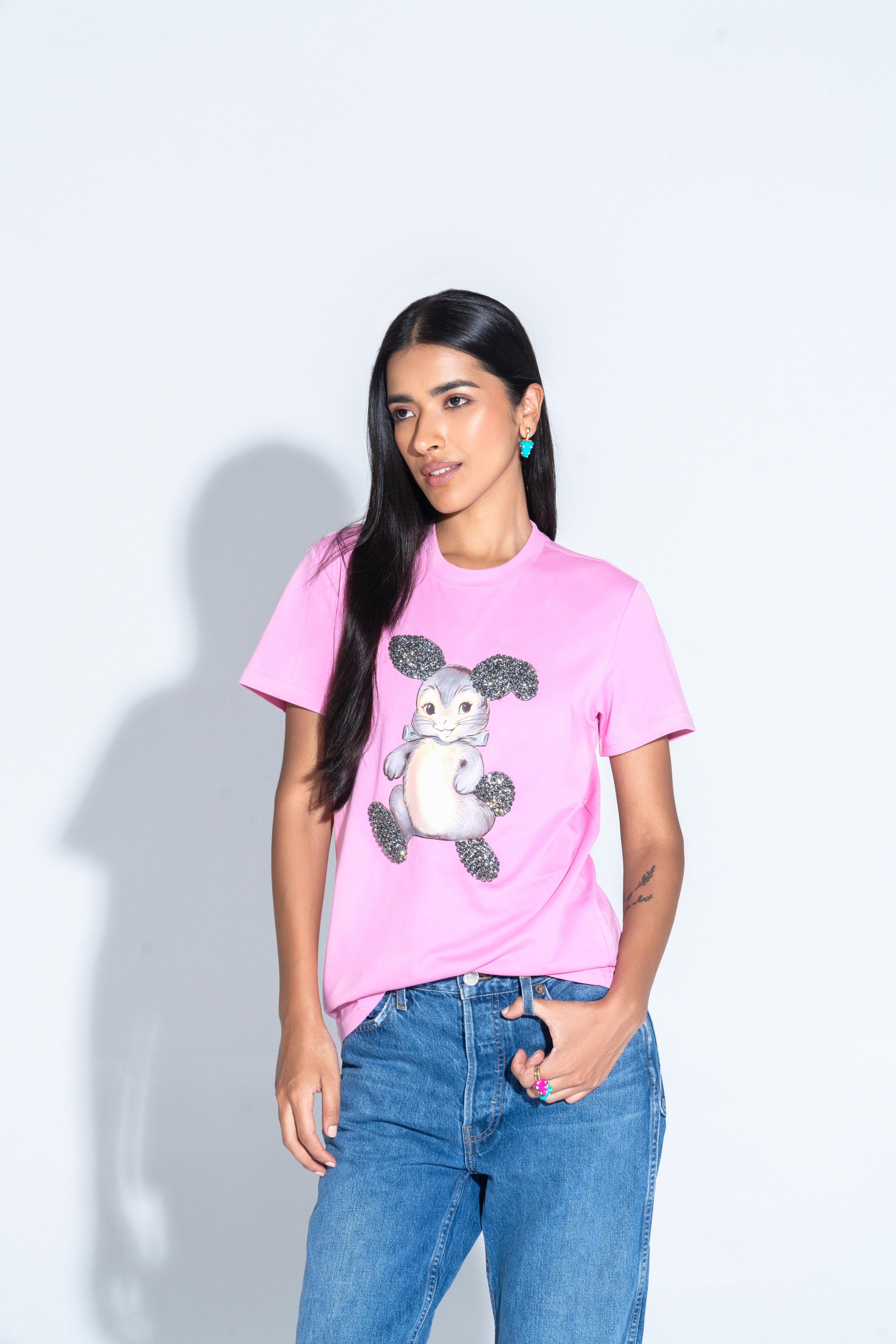 Sahi London Bunny Graphic Embroidered Women’s Cotton T-Shirt - Gray - Large