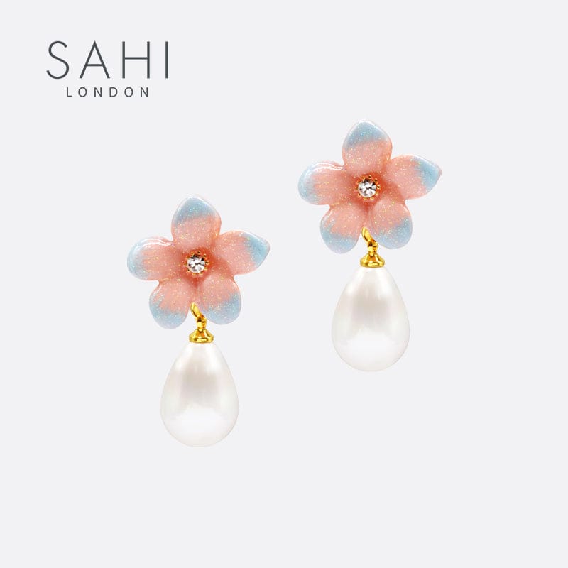 Pink Flower Pearl Stud Earrings