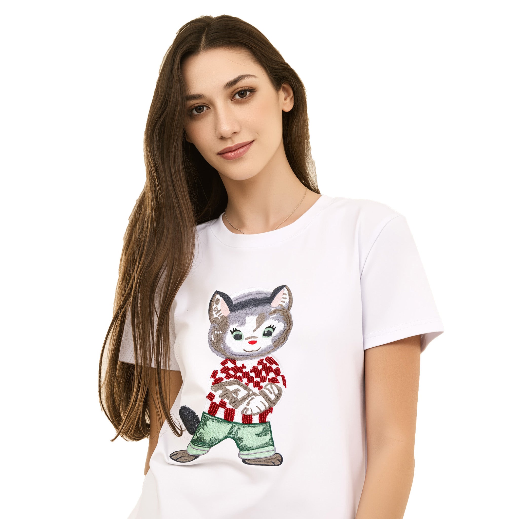 Cotton Embroidered with Beads & Thread  Cat T-Shirt