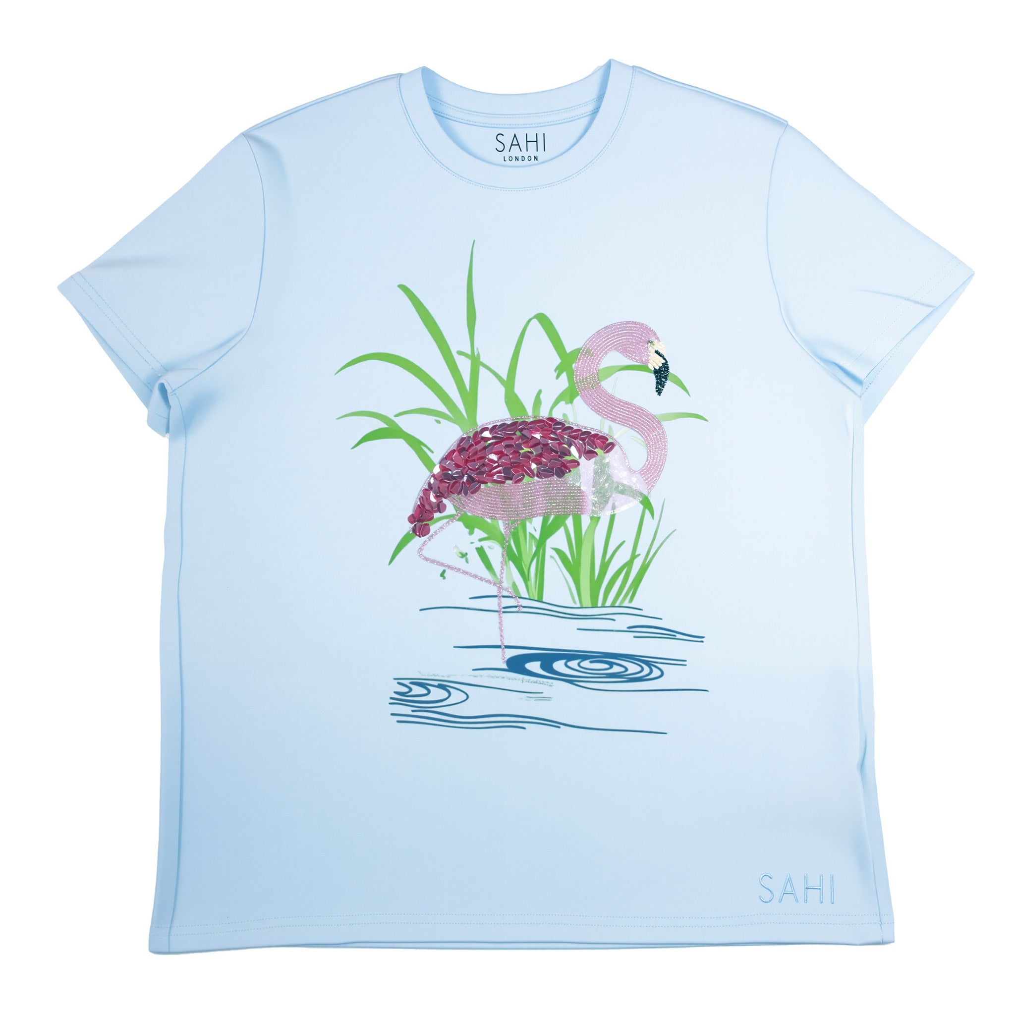 Cotton Flamingo Printed & Embroidered T-Shirt